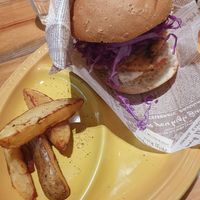 Burger with vegetable patty, red cabbage and mustard at Mr. Farmer - Midtown Hibiya in Tokyo