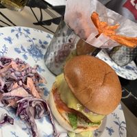 Beyond meat burger with sweet potato fries and house slaw (vegan without requesting) at The Cosy Club in Lincoln