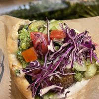 Green falafel with hummus, zhoug and extra fried aubergine   at Daddy Cool in Split