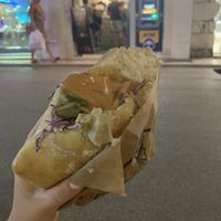 Green falafel with red tahini sauce. Delicious. at Daddy Cool in Split