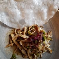 Pan fried oyster mushrooms with a soy, lime and ginger sauce and rice cracker at The Royal Saracens Head in Beaconsfield