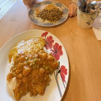 Chickpea spinach curry (top) & potato pea curry (bottom)  at The Good Heart - Tibetan Memories in Frome