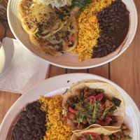 The pupusa platter (top) and vegan tacos (bottom)   at El Golfo in Silver Spring