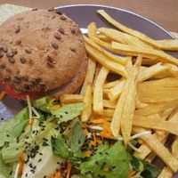 Vegan burger with hand cut fries. And a good serving of salad    at La Milpa in Orgiva