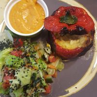 Tortilla stuffed red pepper with salmorejo. Cruelty- free at La Milpa in Orgiva