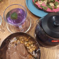 Combo set 1 with cocoa smoothie bowl, beetroot toast and butterfly pea tea at Roots Plant-Based Cafe in Da Nang