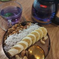 Cocoa smoothie and butterfly pea tea at Roots Plant-Based Cafe in Da Nang