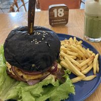 Matcha and burger   at Roots Plant-Based Cafe in Da Nang