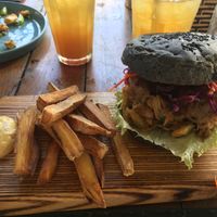 Jackfruit burger sweet potato fries  at Roots Plant-Based Cafe in Da Nang
