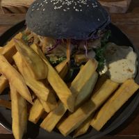 Jackfruit burger and chips at Roots Plant-Based Cafe in Da Nang