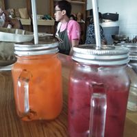 Deep Roots and Yoga & Shine drinks. at Roots Plant-Based Cafe in Da Nang