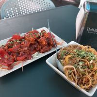 Amazing vegan Szechwan mushroom and crunchy noodles!  at Curry and Sushi in 