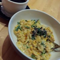 rich vegetable potassium broth drink & roasted vegetable truffle cream pasta with tofu special at Cafe Manna in Brookfield