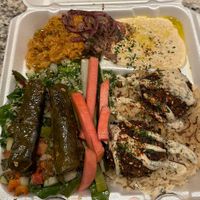Vegan combo plate to-go  at Cafe Beirut in Jamaica Plain