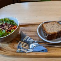 Salad (with burger) and banana bread at Newtree Café in Lyon