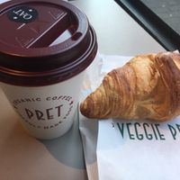 Vegan croissant and oat cappuccino  at Pret A Manger - Exmouth Market in London