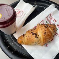 Soy flat white and chocolate croissant   at Pret A Manger - Exmouth Market in London