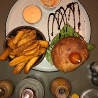 Portobello burger with fries and coleslaw at Cafe Blå in Copenhagen