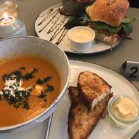 Soup of the day and burger. Vegan.  at Cafe Blå in Copenhagen