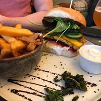 Tofu curry burger with amazing fries at Cafe Blå in Copenhagen