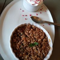 Rhubarb crumble at Cafe Blå in Copenhagen
