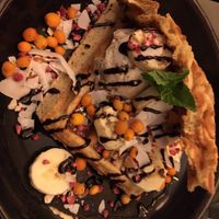 Chickpea waffle dessert at Cafe Blå in Copenhagen