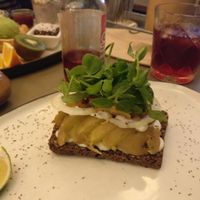 Rye bread with potatoes on top at Cafe Blå in Copenhagen