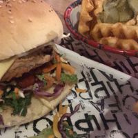 Vegan burger and waffle fries! at Fat Hippo in Newcastle Upon Tyne