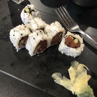 (Half eaten) vegan spicy tuna sushi roll. So good! at Spicy Tuna Sushi in Holland