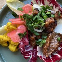 Homemade tempeh with tamarind chutney and pickled veggies: can a dish be more balanced and perfect?   at Rabarber in Utrecht