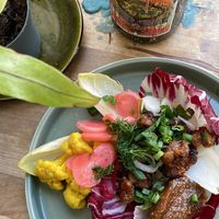 Homemade tempeh with tamarind chutney and pickled veggies: can a dish be more balanced and perfect?   at Rabarber in Utrecht