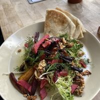 Fava beans dip with pita, turnip, roasted carrot and walnuts: tasty, especially the fresh pita. at Rabarber in Utrecht