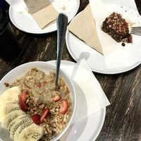 Protein bowl (hot, perfect for a cold and rainy day) & peanut caramel brownie  at O Superfood in Bondi Junction