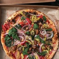 Build your own vegan pizza: mix of veg includes banana peppers and garlic etc at Blaze Pizza in Boston