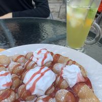 Vegan waffle with strawberry sauce & whipped cream at Cafe Nisse in Imatra