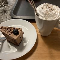 Chocolate cake and mint hot chocolate   at Cafe Nisse in Imatra