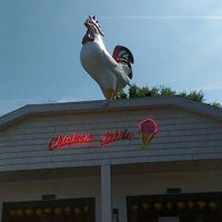 Rooster outside at Chicken Little Ice Cream in Bedford
