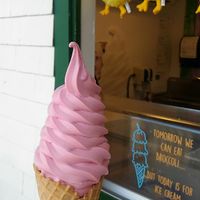 Vegan raspberry dole whip and waffle cone at Chicken Little Ice Cream in Bedford