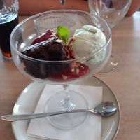 Brownie with ice cream and rashberry sauce at Miss Dot in Hals
