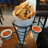 Fries with vegan dipping sauces at DeepWater Brewing Company in Blue Hill