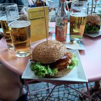 Seitan burger w Sriracha sauce 👌 at Neue Republik Reger in Berlin