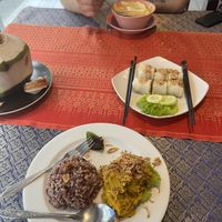 Bottom pumpkin hummus with rice, middle: fresh spring rolls, top: tom kha  at May Kaidee in Bangkok