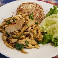 Mushroom laab and rice at May Kaidee in Bangkok