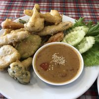 Veggie Tempura with Peanut Dipping Sauce at May Kaidee in Bangkok