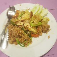 Fried curry rice with sausage and vegetables. 90 Baht at May Kaidee in Bangkok