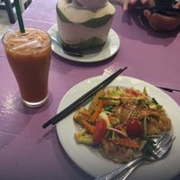 Coconut, Thai iced tea, pad Thai  at May Kaidee in Bangkok