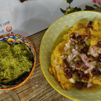 Parsley dip (left) and mashed fava (right) at To Mikraki in Syros