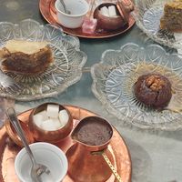 Bosnian coffee, baklavas and fig cake at Caffe Lasta in Mostar