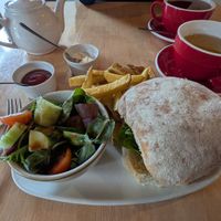 Spicy bean burger, vegan mayo & ketchup. Homemade fries & salad with balsamic & oil dressing at Glen Rowan cafe in Invermoriston