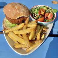 Homemade vegan burger and chips at Glen Rowan cafe in Invermoriston